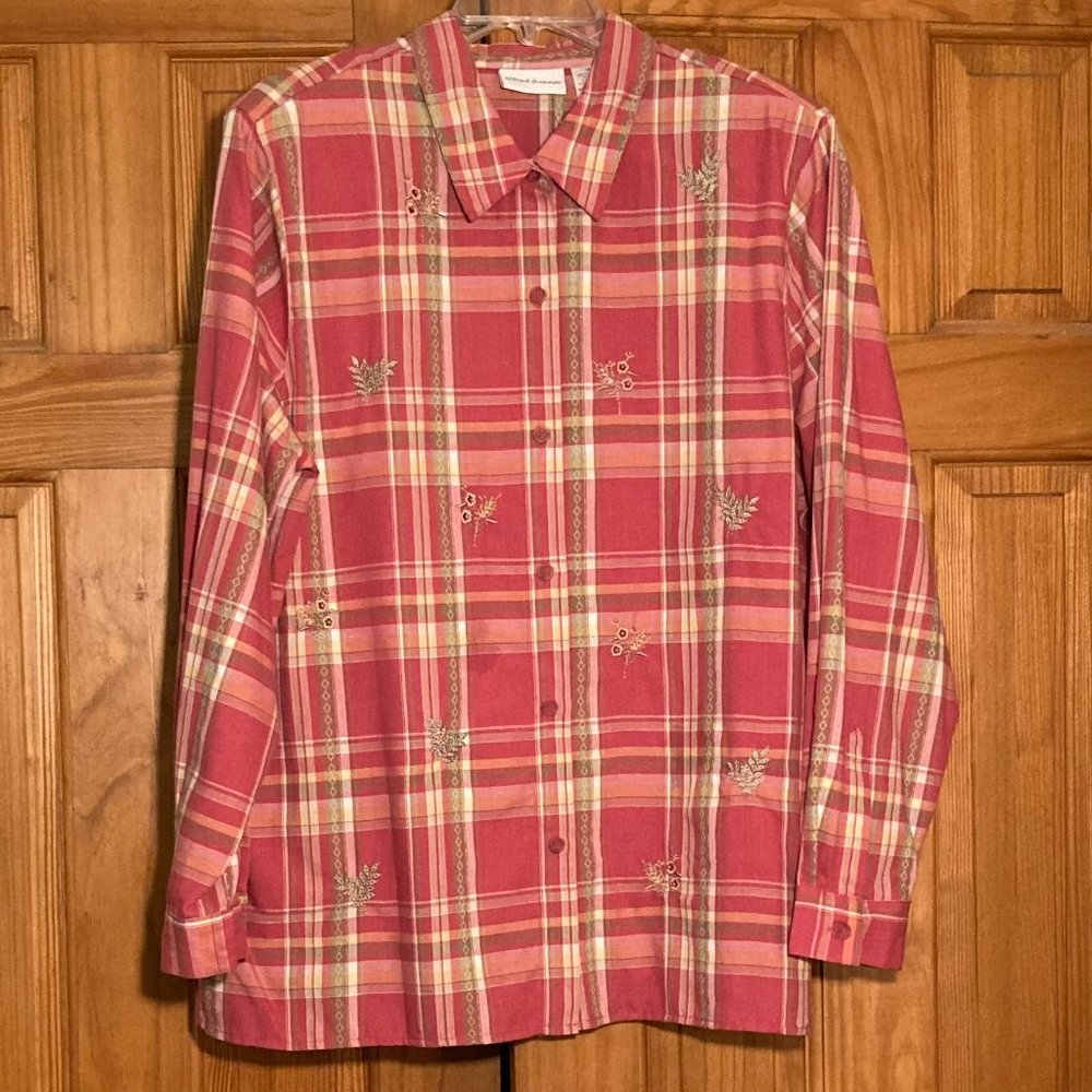 NWOT Vintage 90s Alfred Dunner Top Long Sleeve Blouse Plaid Pink Green Size 18